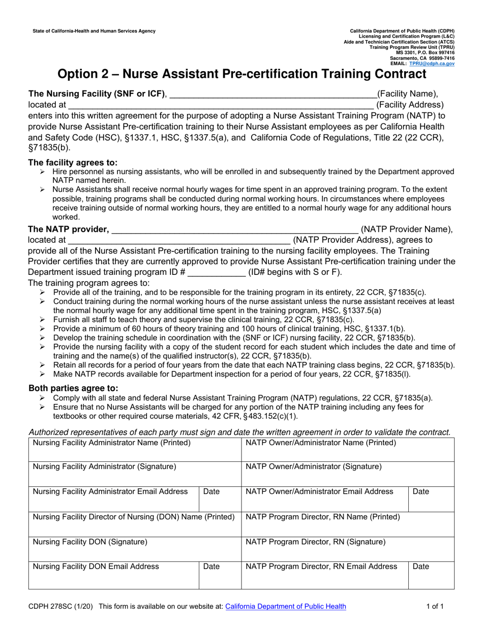 Form CDPH278SC Option 2 - Nurse Assistant Pre-certification Training Contract - California, Page 1