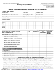 Form CDPH276A Nurse Assistant Training Program Skills Check List - California