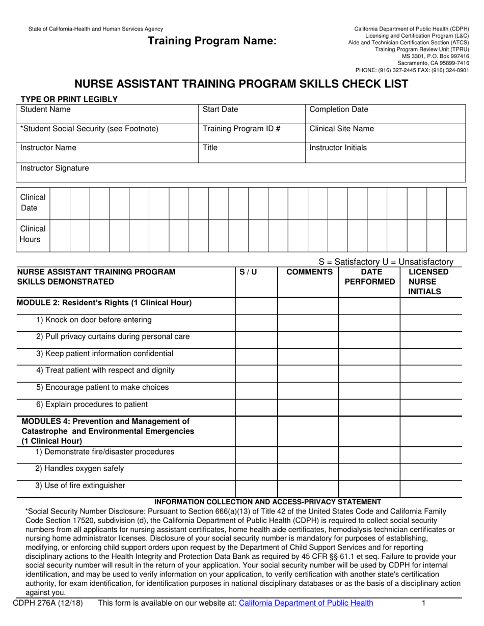 Form CDPH276A Nurse Assistant Training Program Skills Check List - California, Page 1