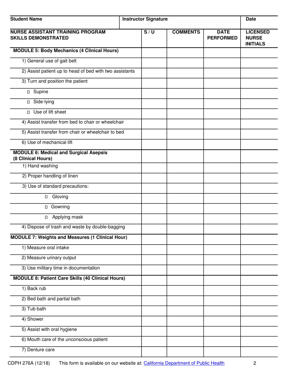 Form CDPH276A Nurse Assistant Training Program Skills Check List - California, Page 2