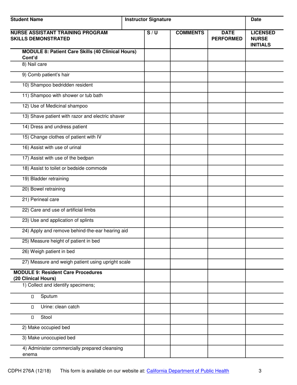 Form CDPH276A Nurse Assistant Training Program Skills Check List - California, Page 3