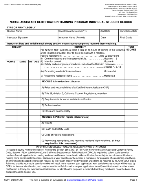 Form CDPH276C Nurse Assistant Certification Training Program Individual Student Record - California