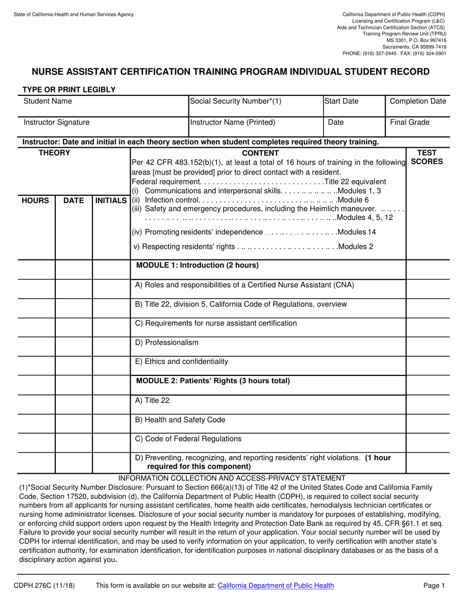 Form CDPH276C Nurse Assistant Certification Training Program Individual Student Record - California, Page 1