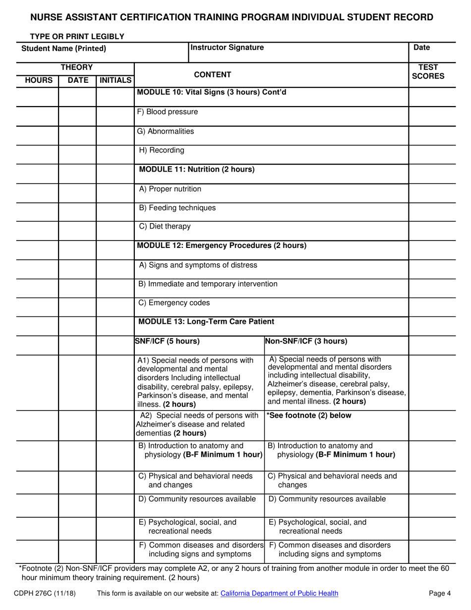 Form CDPH276C Nurse Assistant Certification Training Program Individual Student Record - California, Page 4