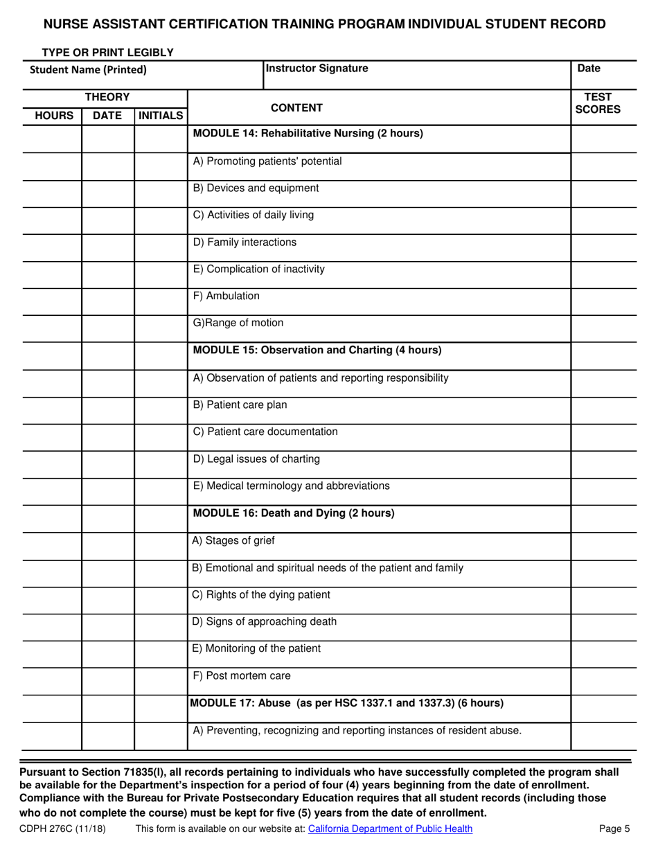 Form CDPH276C Nurse Assistant Certification Training Program Individual Student Record - California, Page 5
