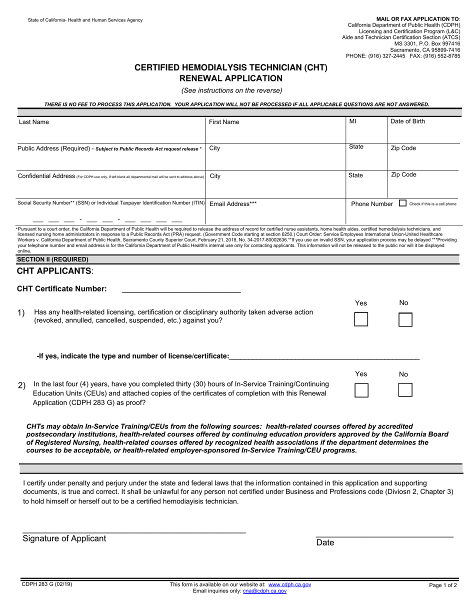 Form CDPH283G Certified Hemodialysis Technician (Cht) Renewal Application - California, Page 1