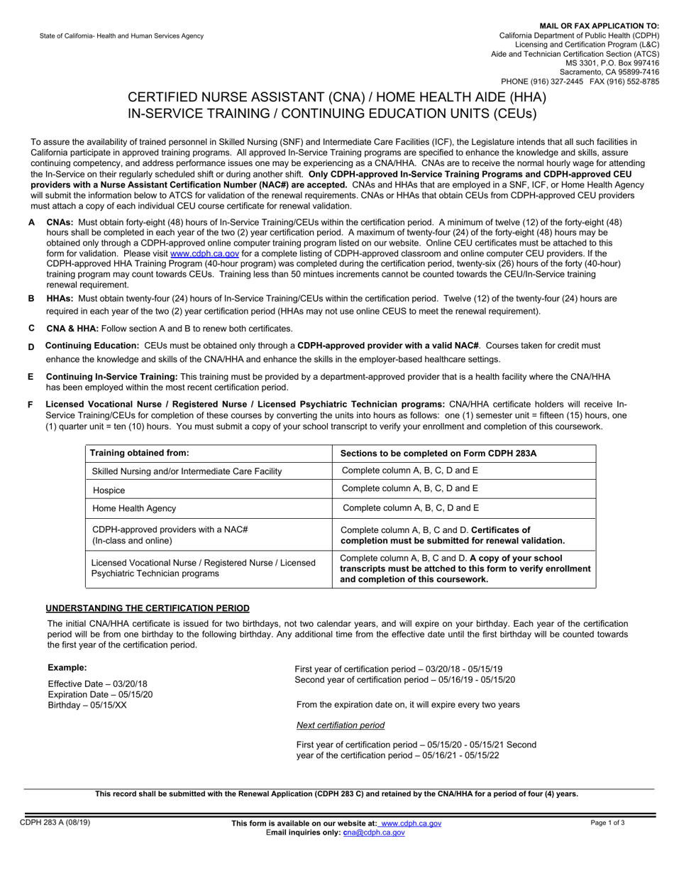 Form CDPH283A Certified Nurse Assistant (Cna) / Home Health Aide (Hha), In-Service Training / Continuing Education Units (Ceus) - California, Page 1