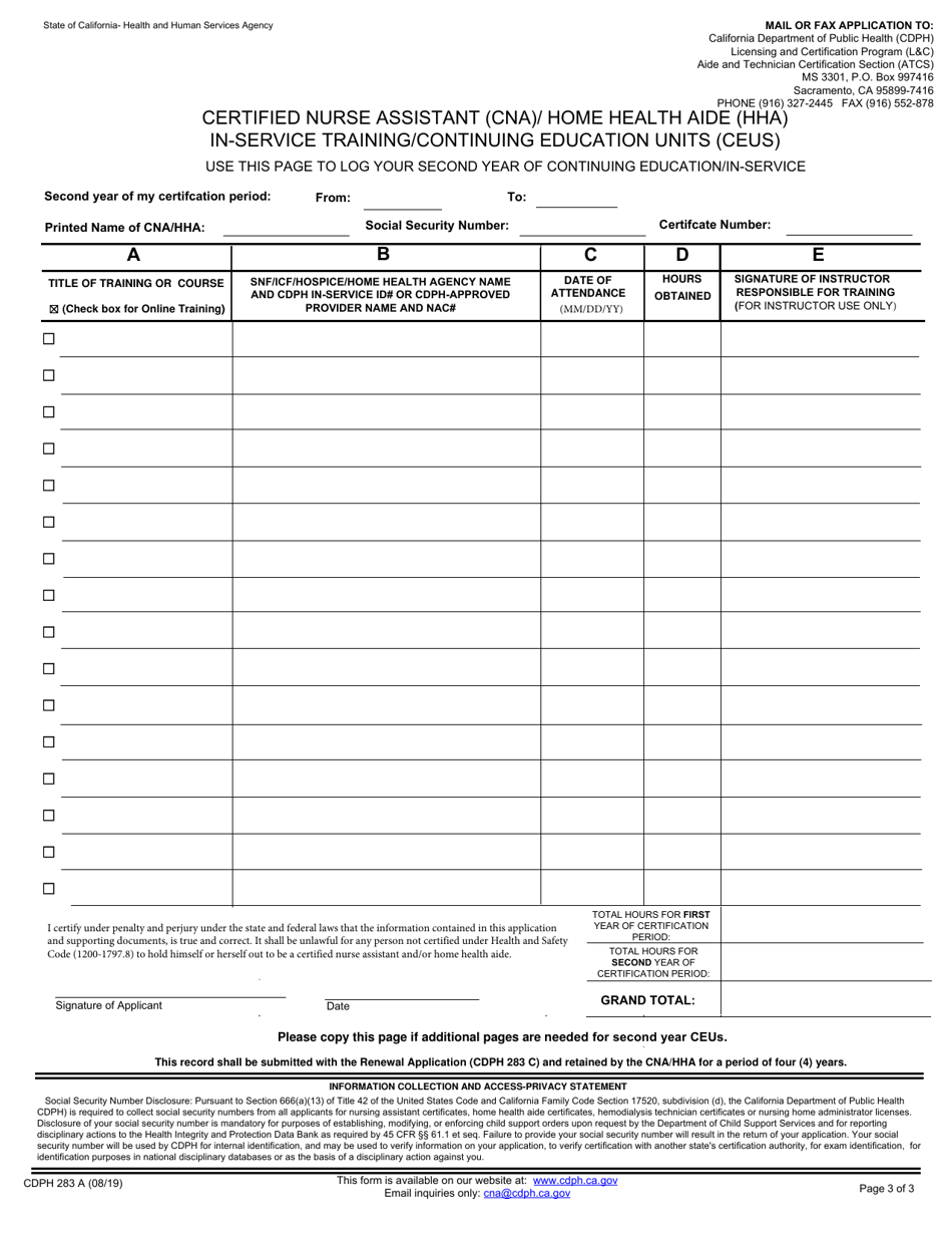 Form CDPH283A Certified Nurse Assistant (Cna) / Home Health Aide (Hha), In-Service Training / Continuing Education Units (Ceus) - California, Page 3
