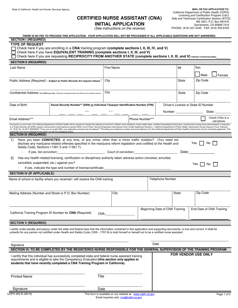 Form CDPH283B Certified Nurse Assistant (Cna) Initial Application - California, Page 1