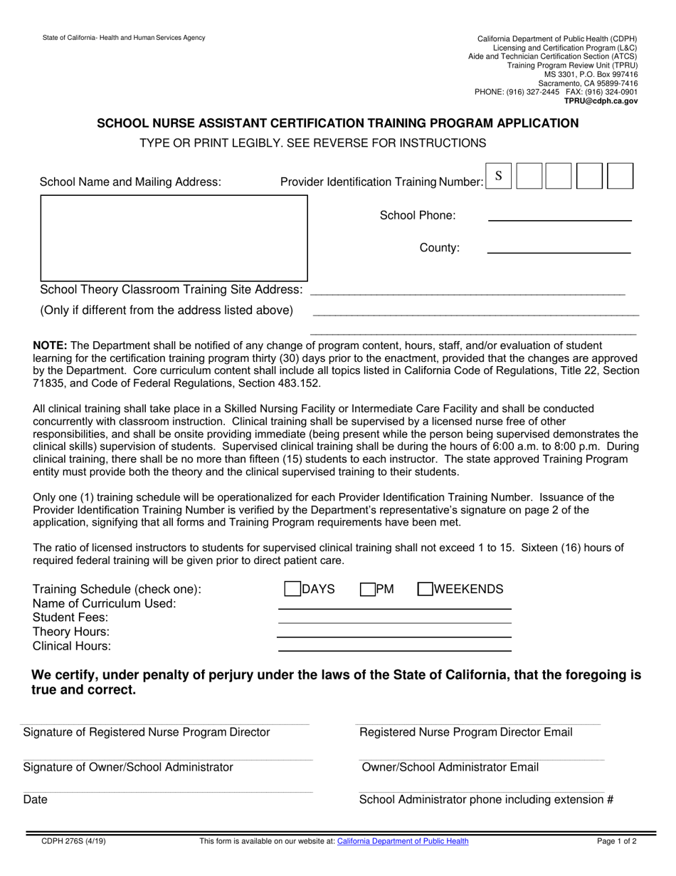 Form CDPH276S School Nurse Assistant Certification Training Program Application - California, Page 1