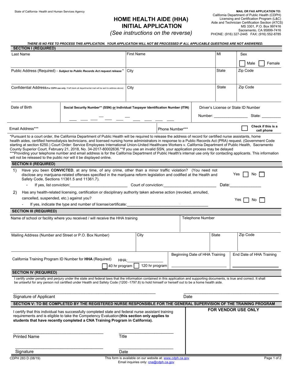 Form CDPH283D Home Health Aide (Hha) Initial Application - California, Page 1