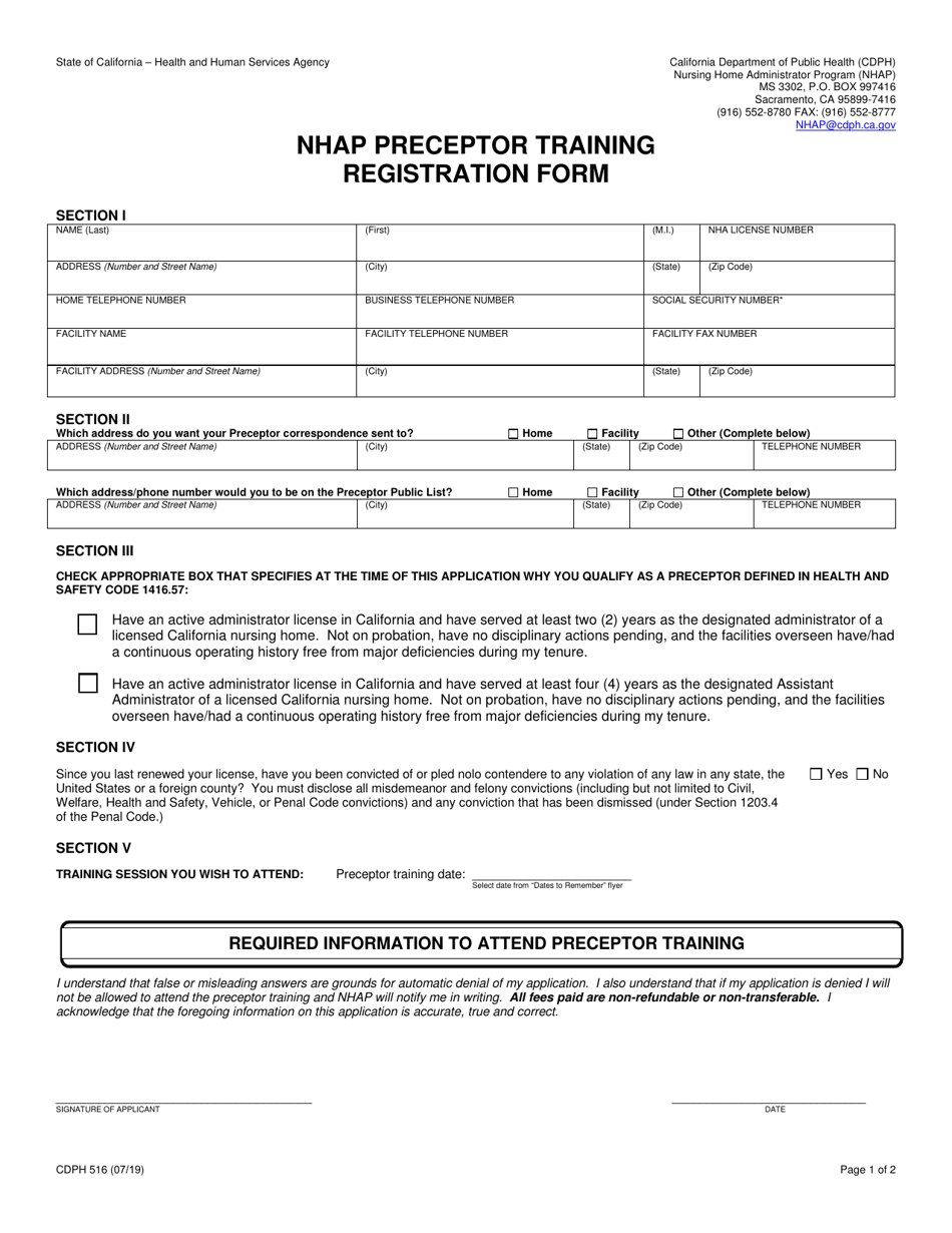 Form CDPH516 Nhap Preceptor Training Registration Form - California, Page 1