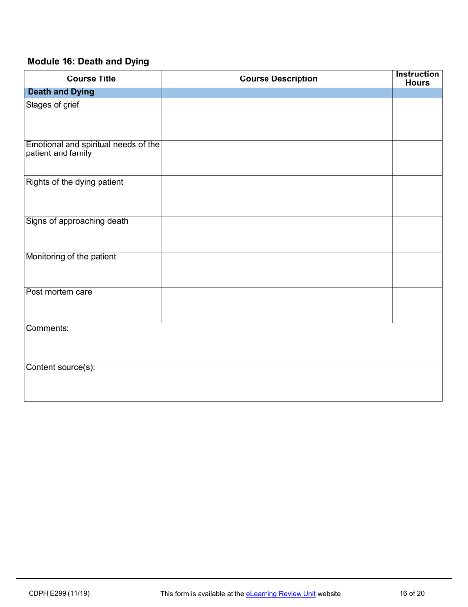 Form CDPH E299 Online Nurse Assistant Training Program Curriculum Vendor Application - California, Page 16