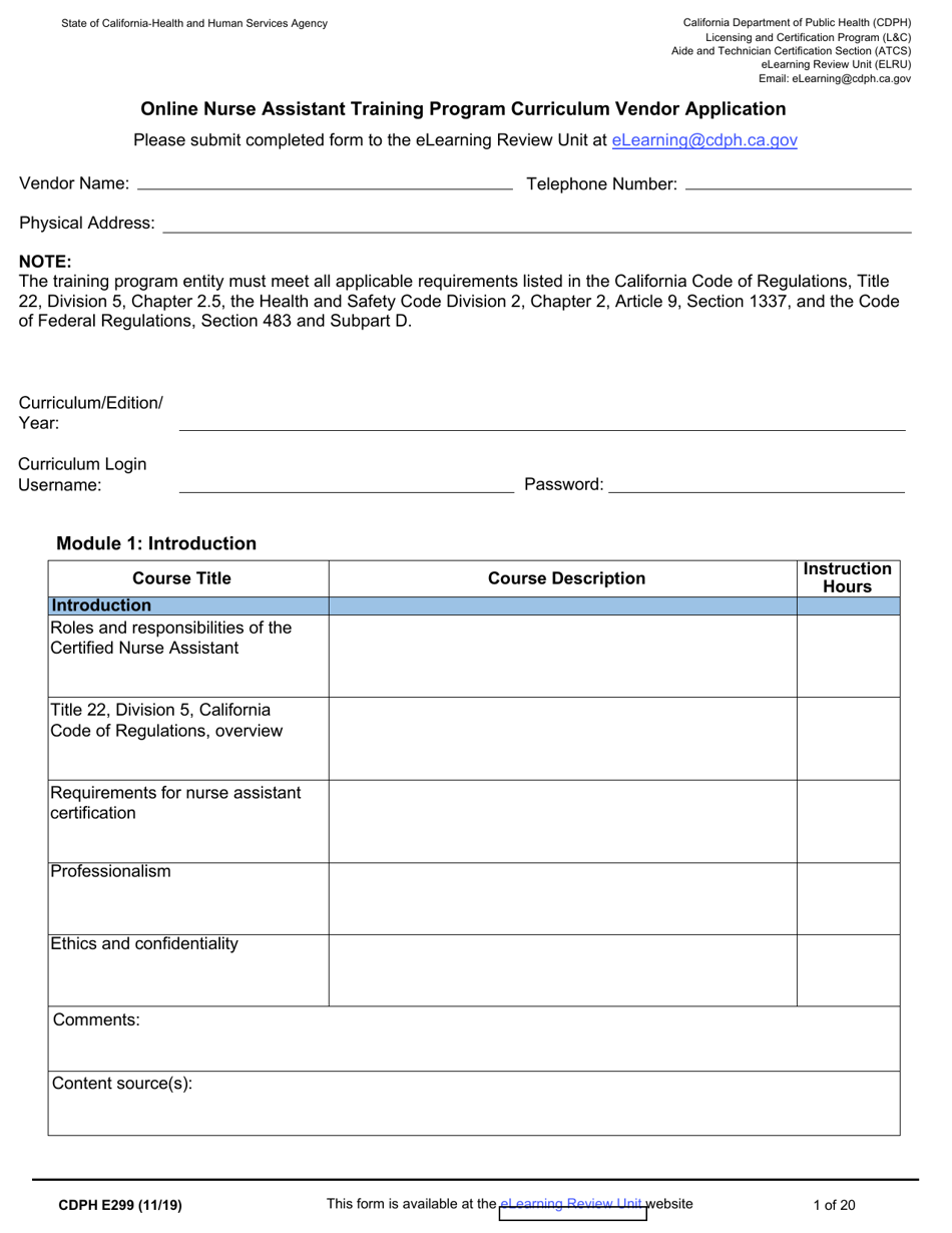 Form CDPH E299 Online Nurse Assistant Training Program Curriculum Vendor Application - California, Page 1