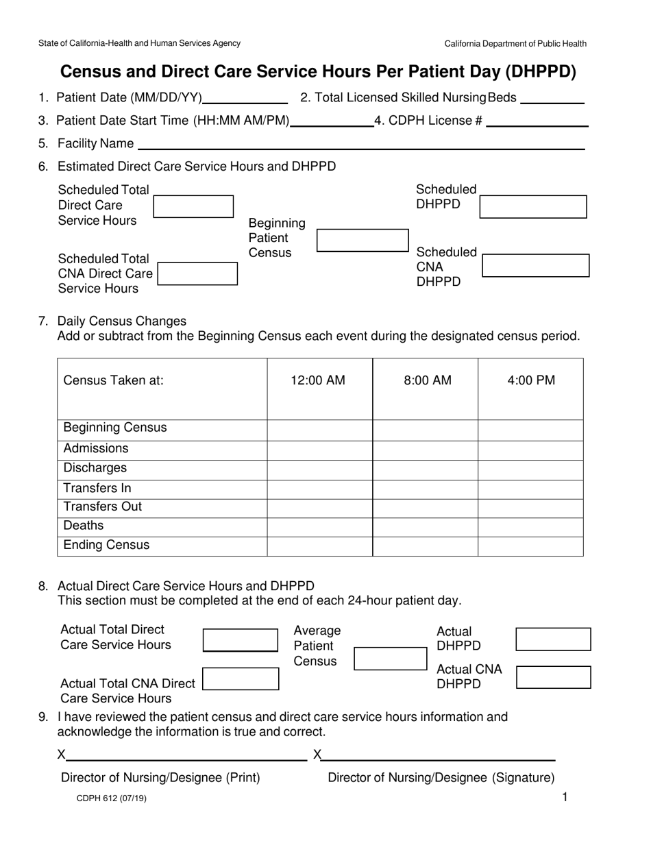 Form CDPH612 Census and Direct Care Service Hours Per Patient Day (Dhppd) - California, Page 1