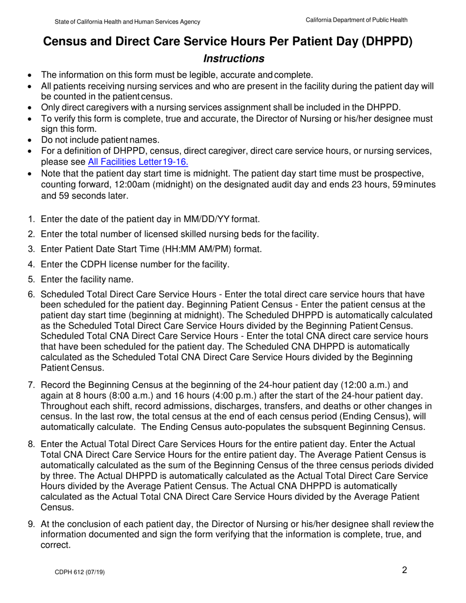 Form CDPH612 Census and Direct Care Service Hours Per Patient Day (Dhppd) - California, Page 2