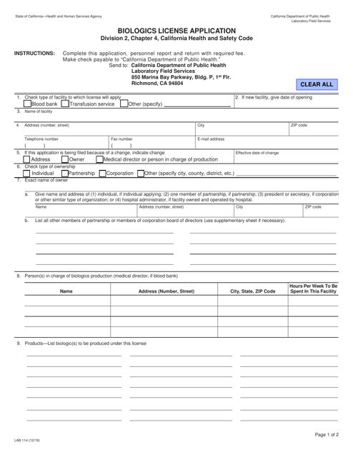 Form LAB114 Biologics License Application - California
