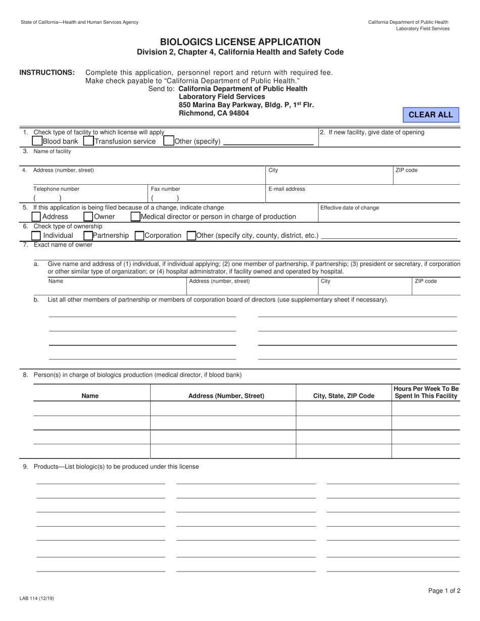 Form LAB114 Download Fillable PDF or Fill Online Biologics License