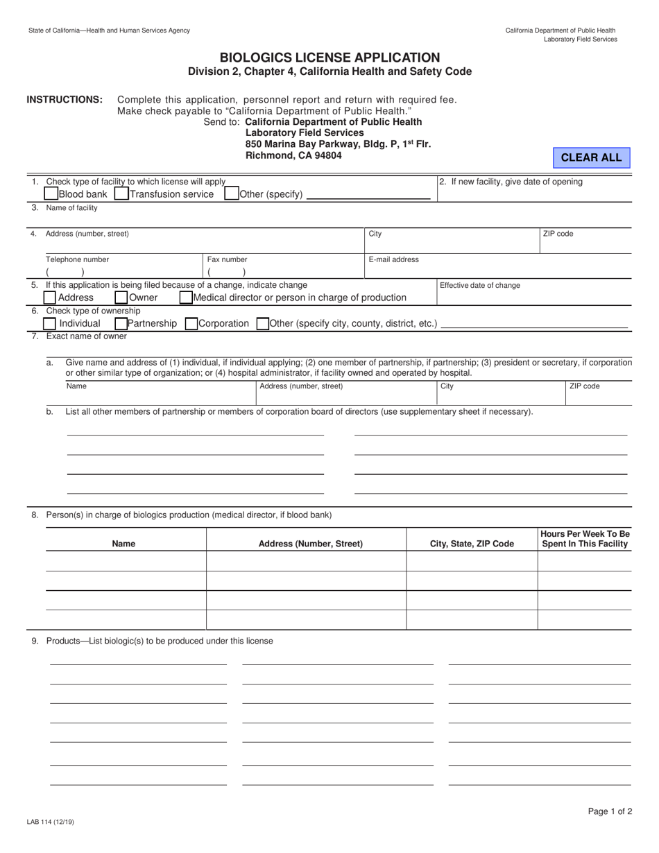 Form LAB114 Biologics License Application - California, Page 1