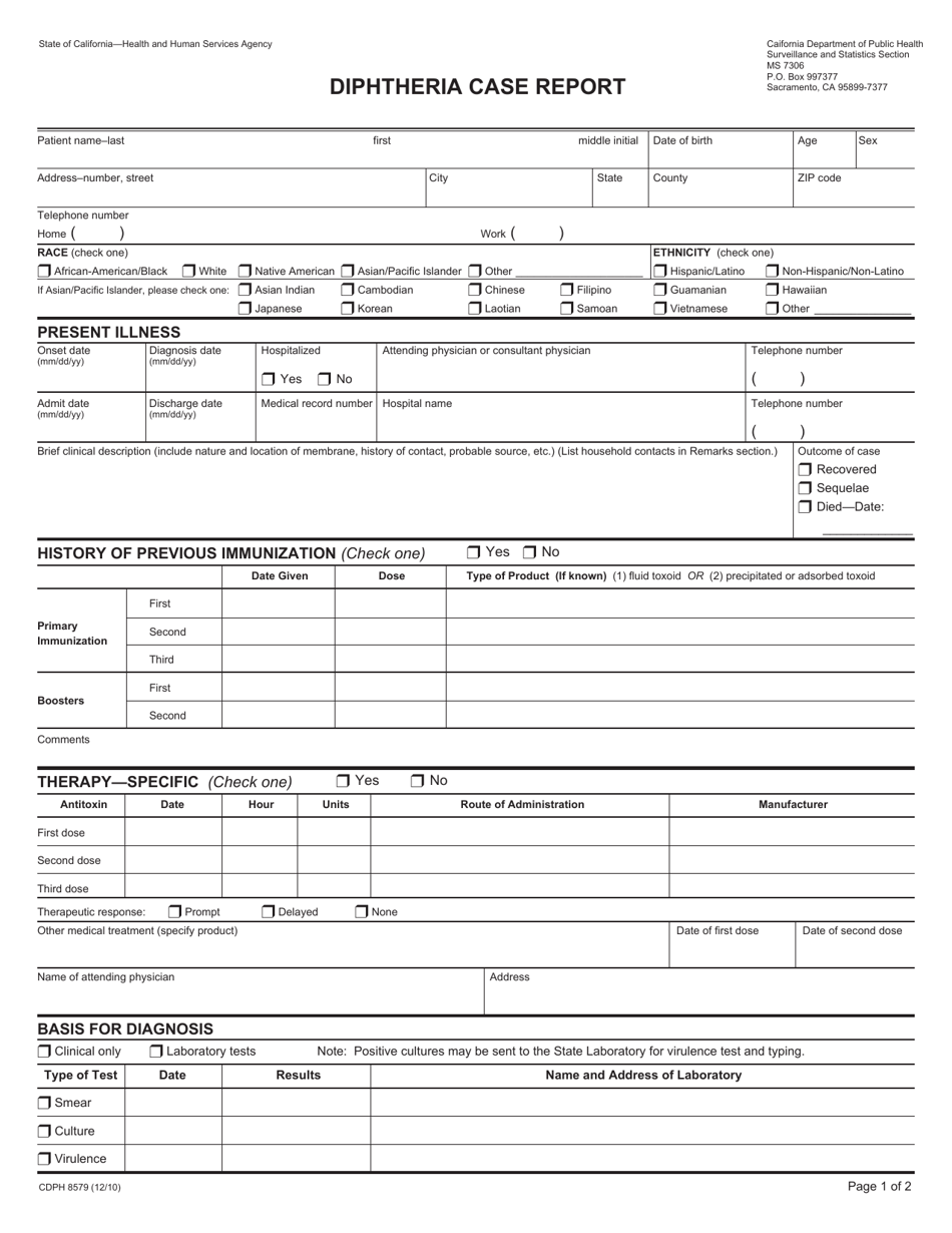 Form CDPH8579 Diphtheria Case Report - California, Page 1