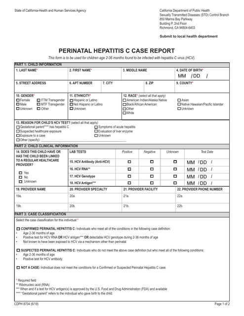 Form CDPH8704 Perinatal Hepatitis C Case Report - California
