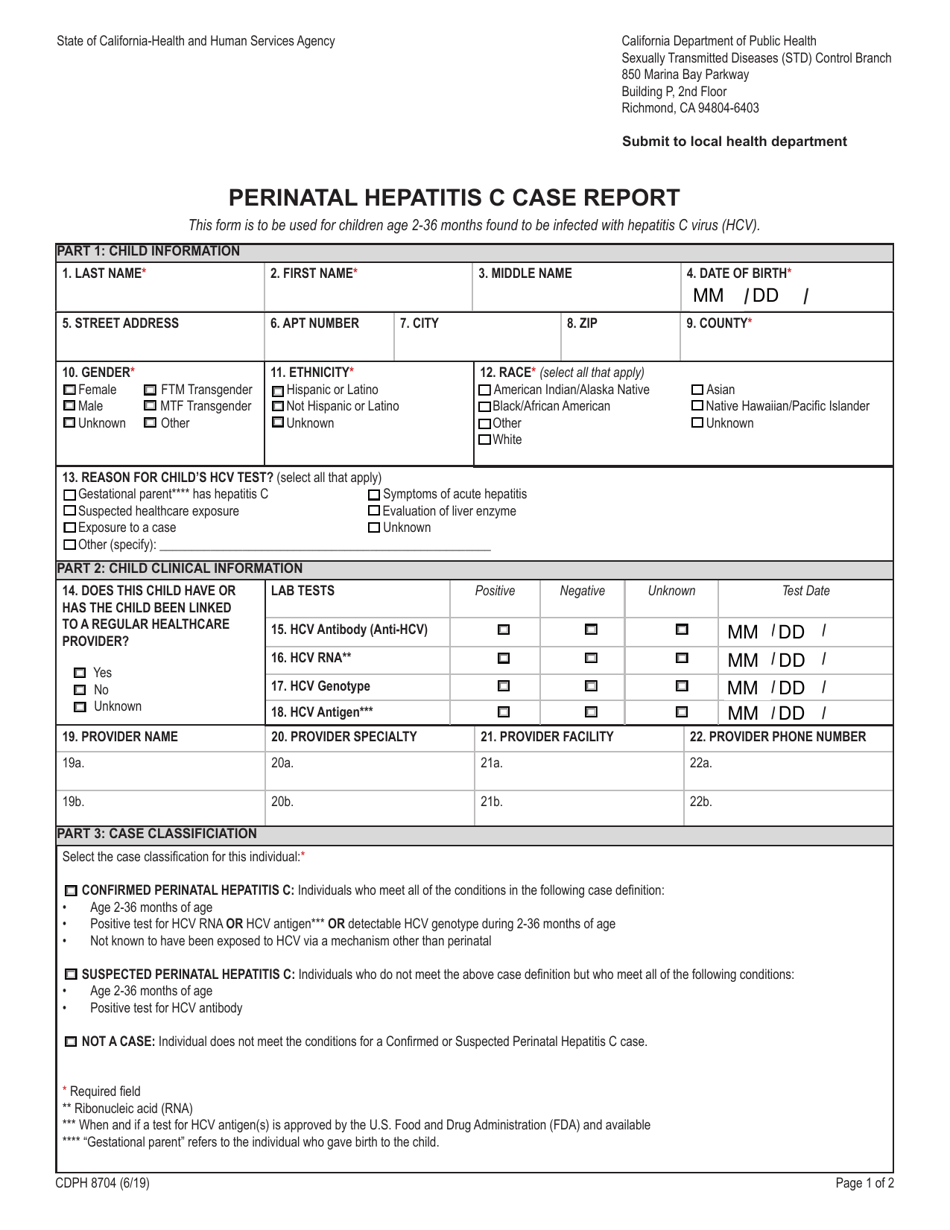 Form CDPH8704 Perinatal Hepatitis C Case Report - California, Page 1