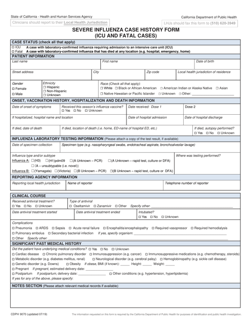 Form CDPH9070 Severe Influenza Case History Form (Icu and Fatal Cases) - California