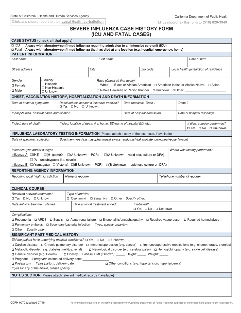Form CDPH9070 Severe Influenza Case History Form (Icu and Fatal Cases) - California, Page 1