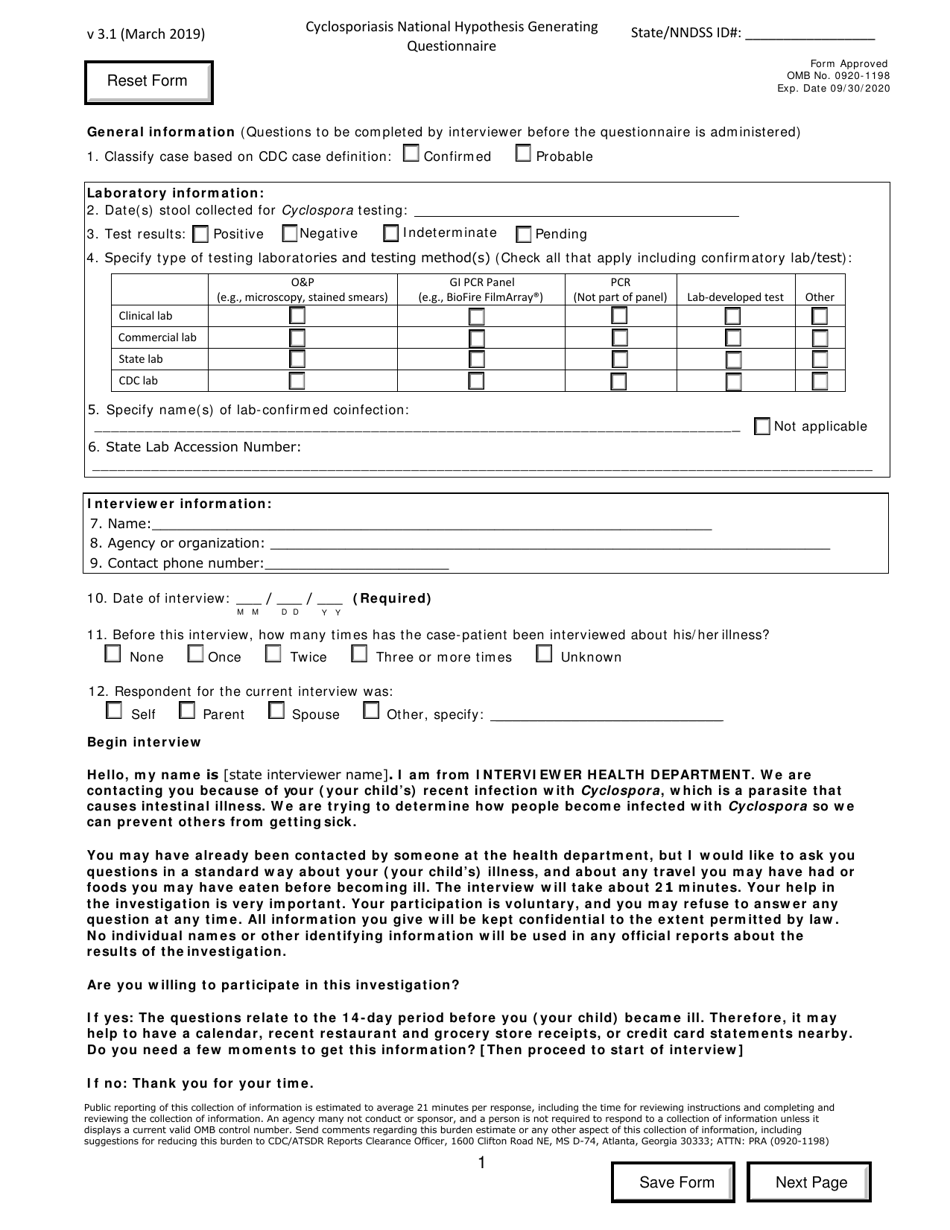 Cyclosporiasis National Hypothesis Generating Questionnaire - California, Page 1