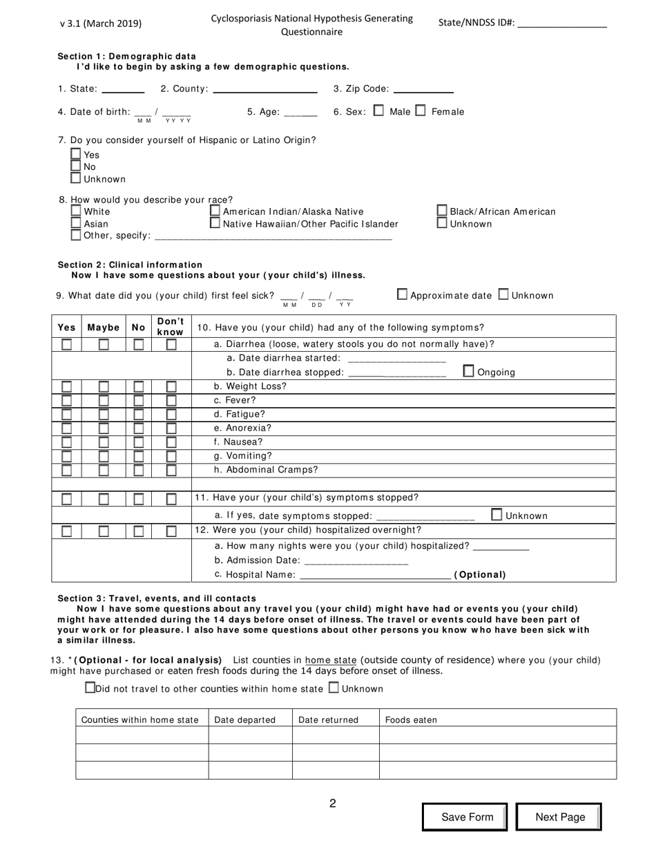 Cyclosporiasis National Hypothesis Generating Questionnaire - California, Page 2
