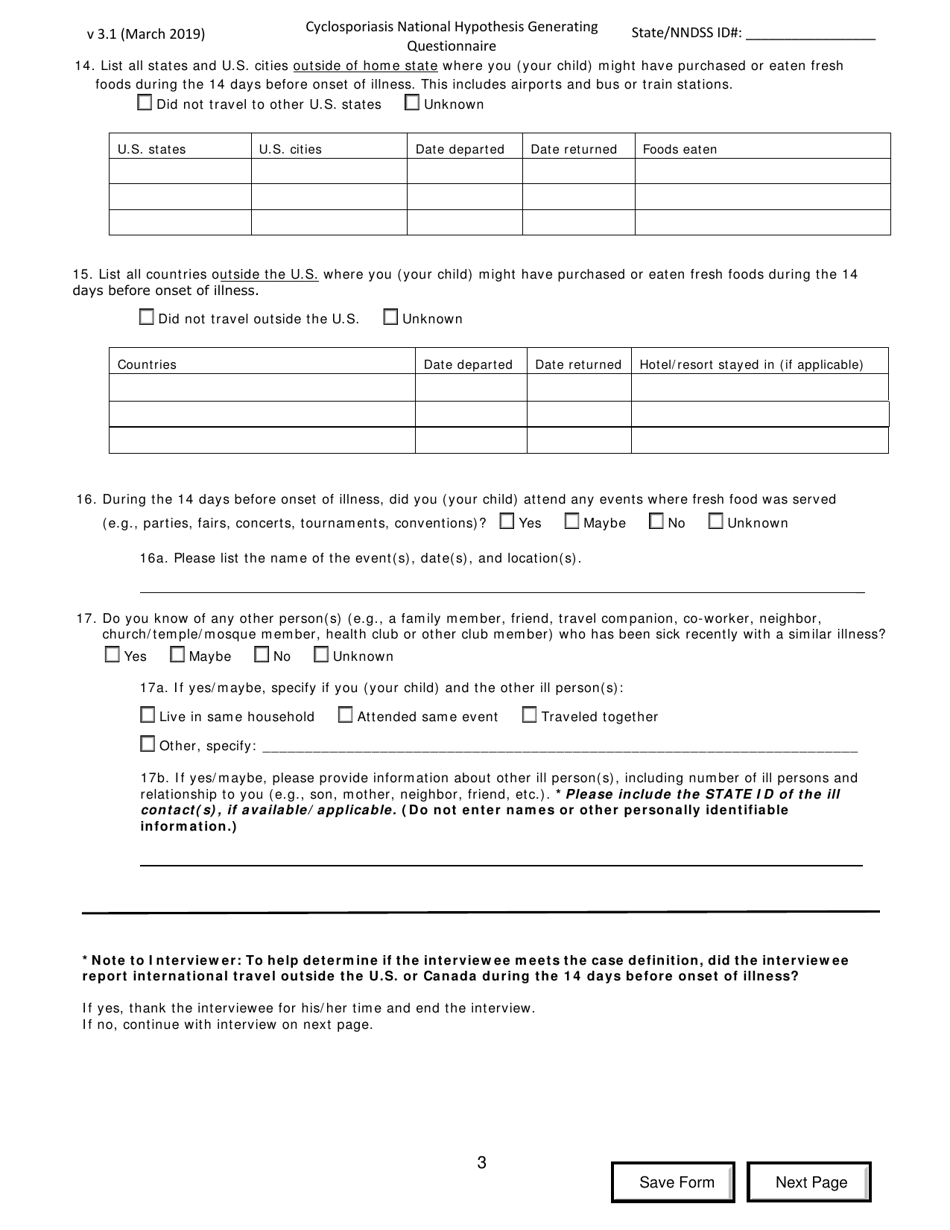 Cyclosporiasis National Hypothesis Generating Questionnaire - California, Page 3