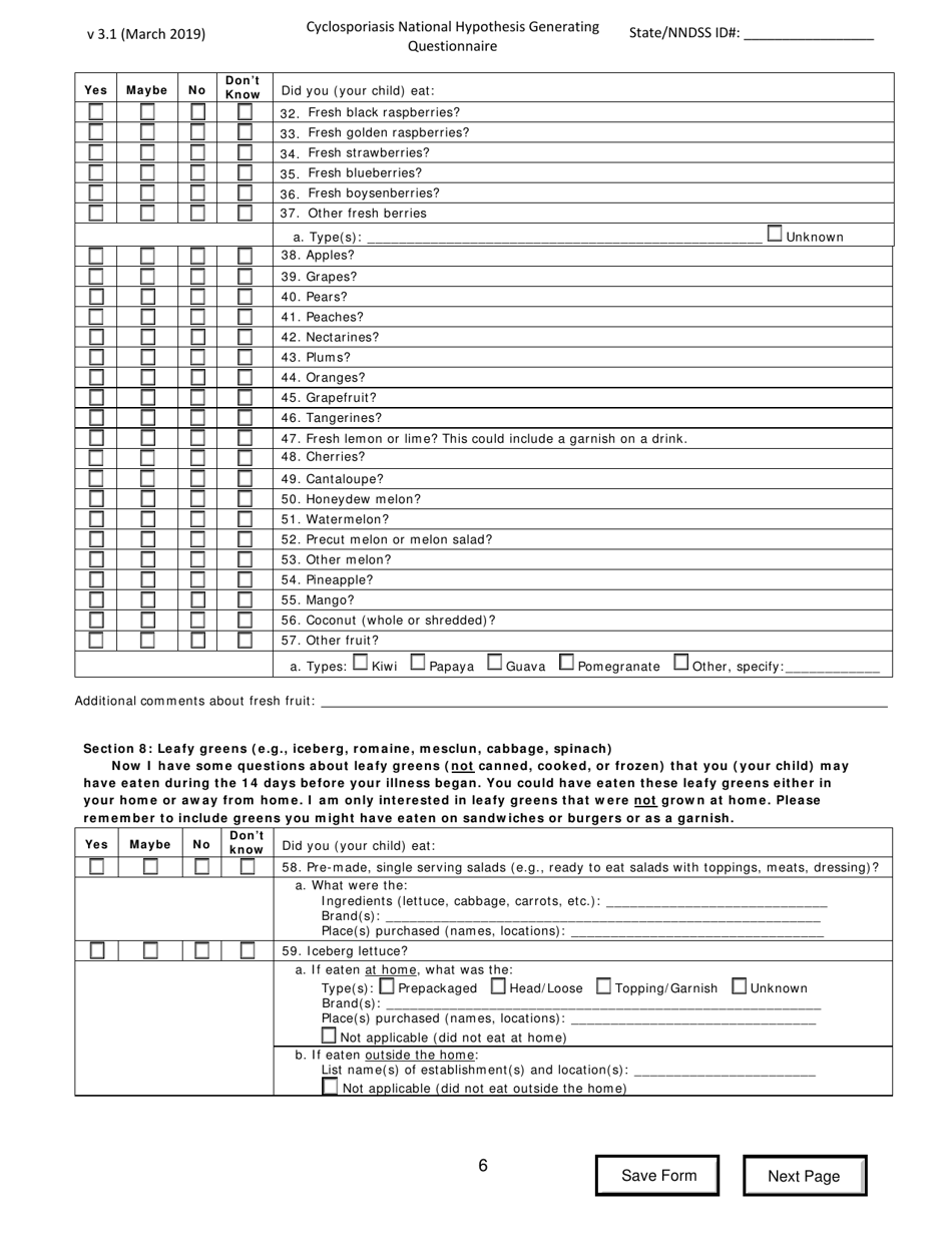 Cyclosporiasis National Hypothesis Generating Questionnaire - California, Page 6
