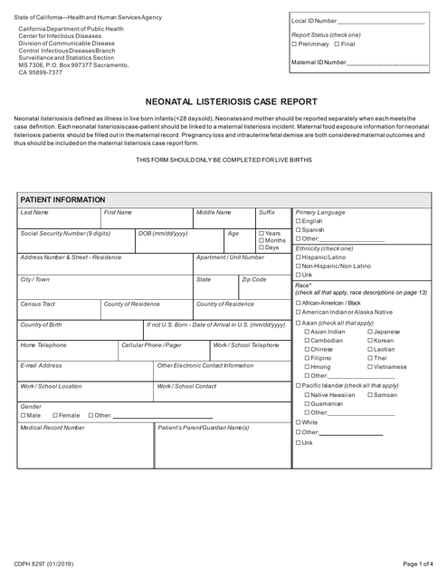 Form CDPH8297 Neonatal Listeriosis Case Report - California