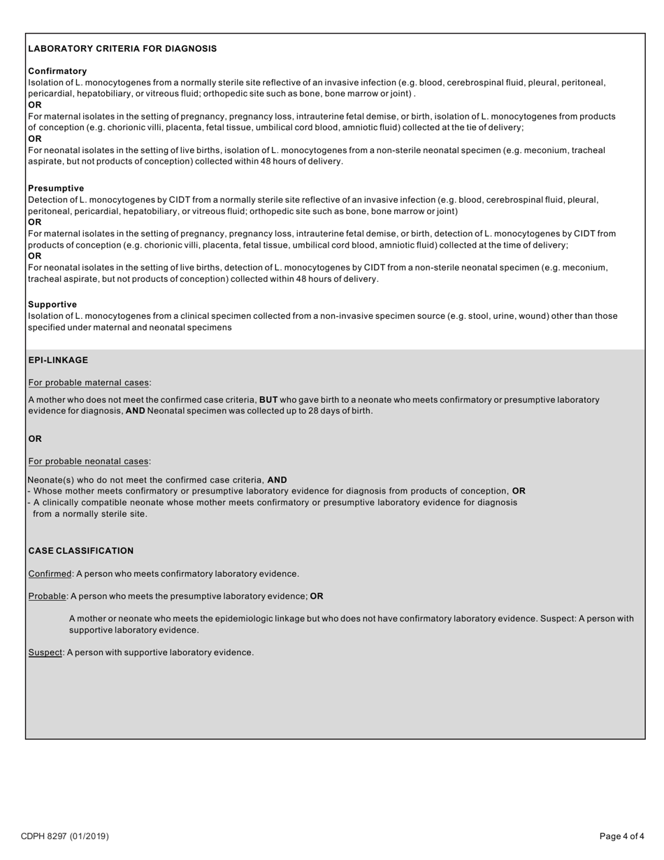 Form CDPH8297 Neonatal Listeriosis Case Report - California, Page 4