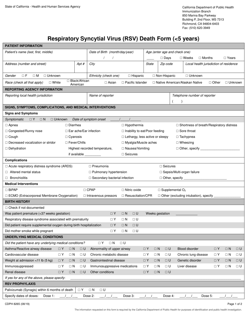 Form CDPH8265 Respiratory Syncytial Virus (Rsv) Death Form ( 5 Years) - California, Page 1