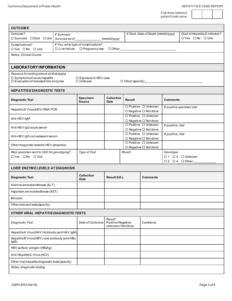Form CDPH8701 Hepatitis E Case Report - California, Page 3