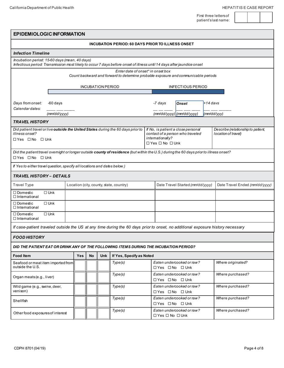 Form CDPH8701 Hepatitis E Case Report - California, Page 4