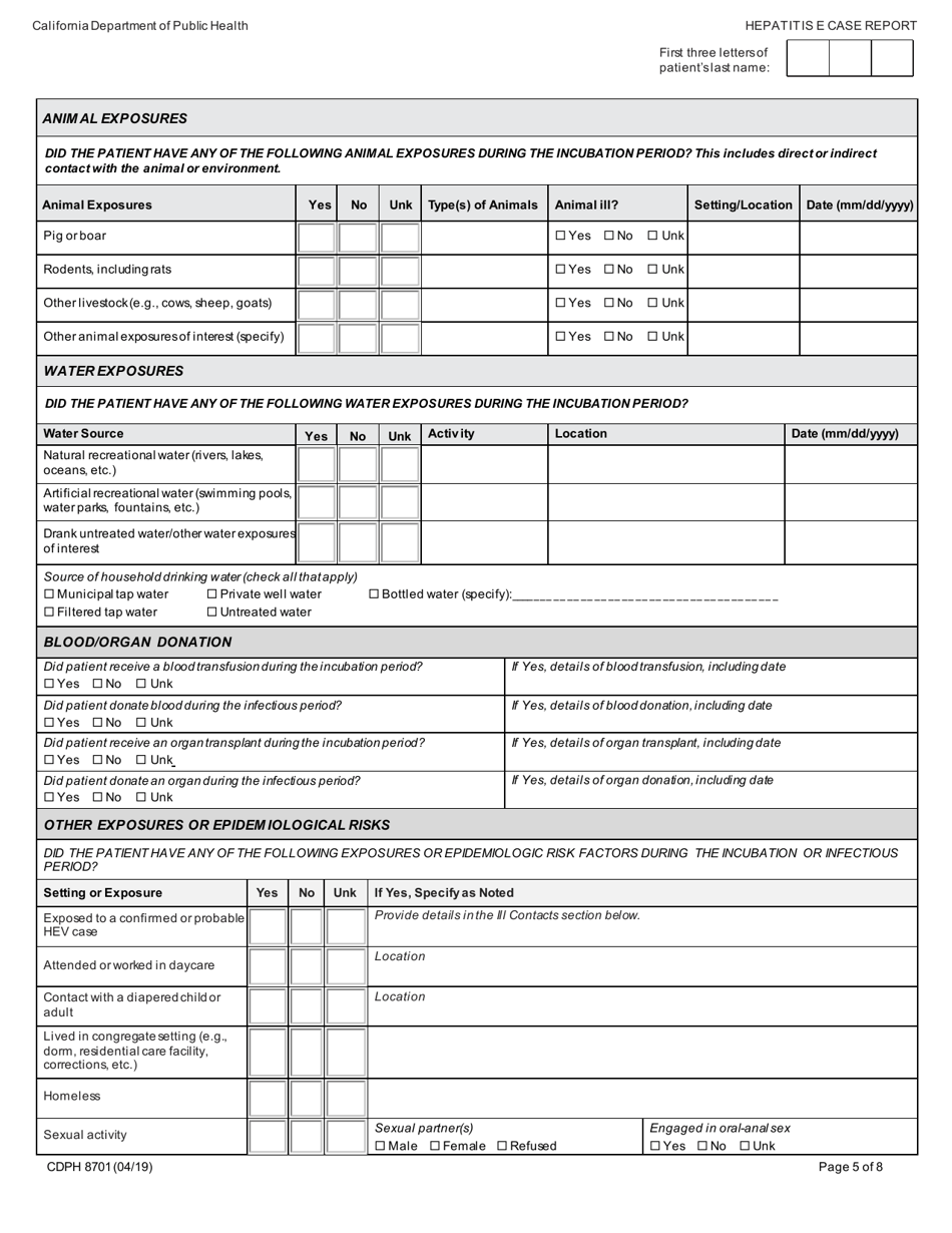 Form CDPH8701 Hepatitis E Case Report - California, Page 5