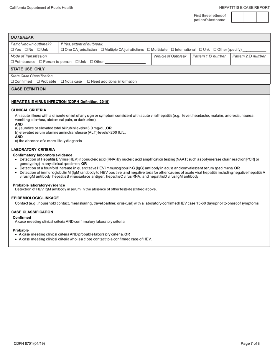 Form CDPH8701 Hepatitis E Case Report - California, Page 7