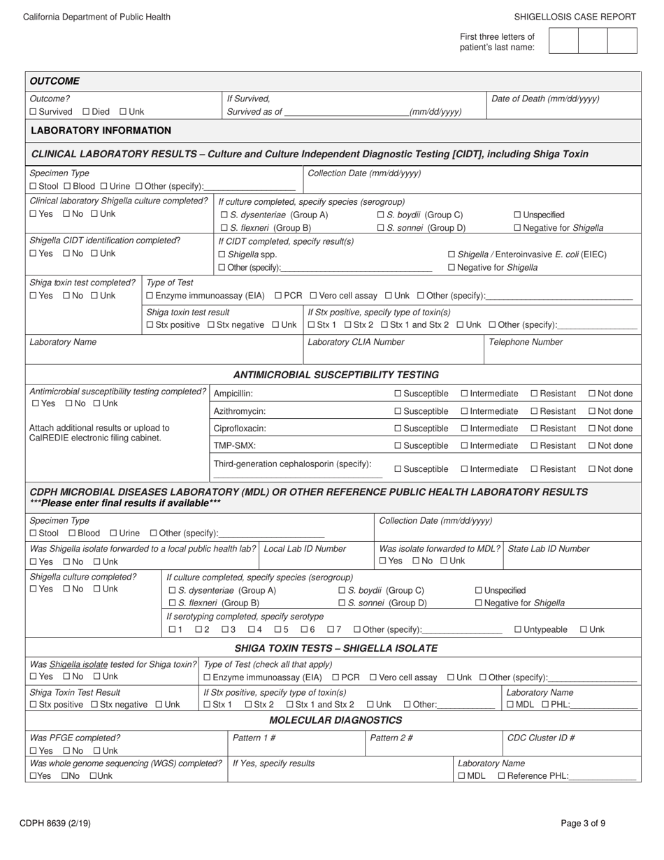 Form CDPH8639 Shigellosis Case Report - California, Page 3