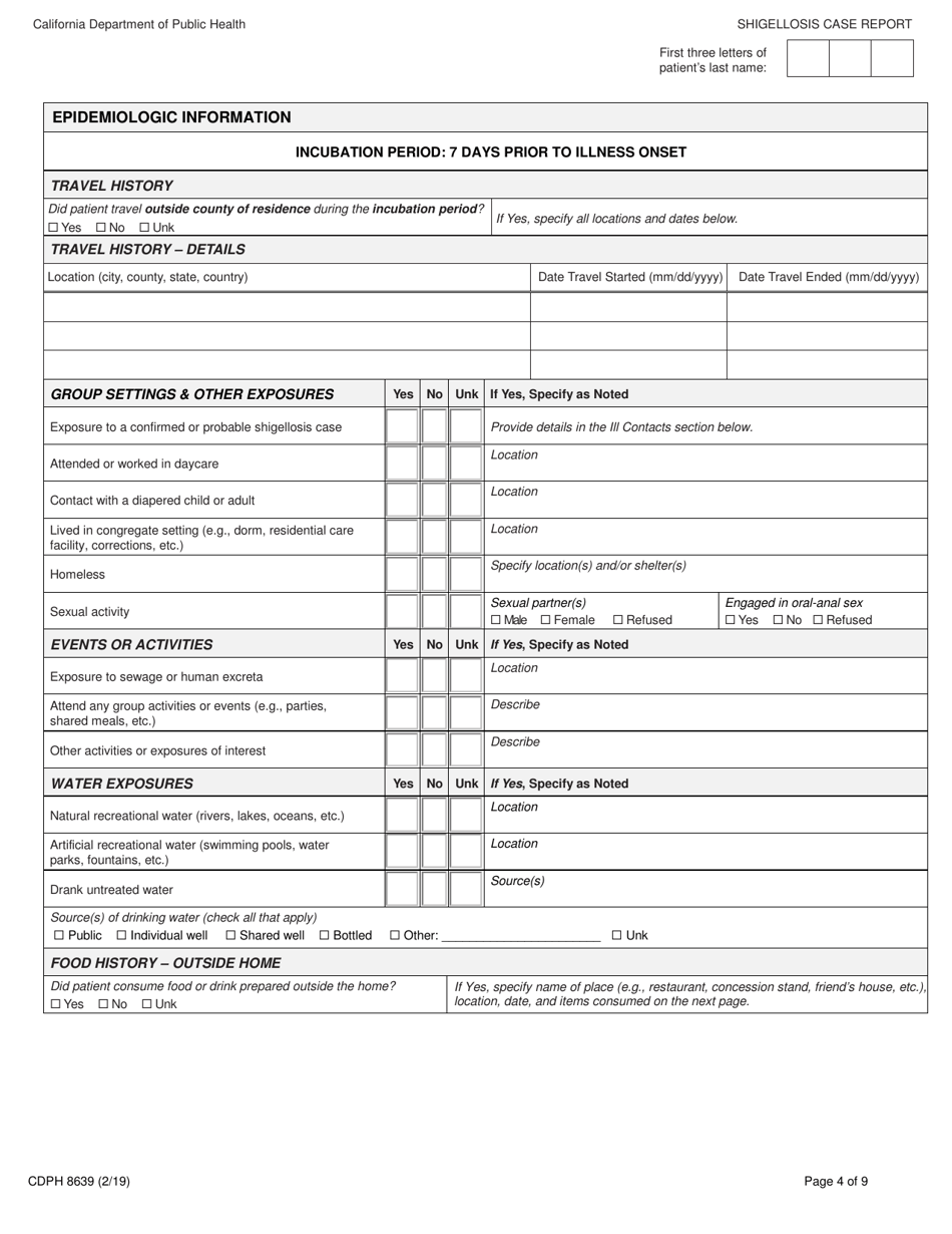 Form CDPH8639 Shigellosis Case Report - California, Page 4