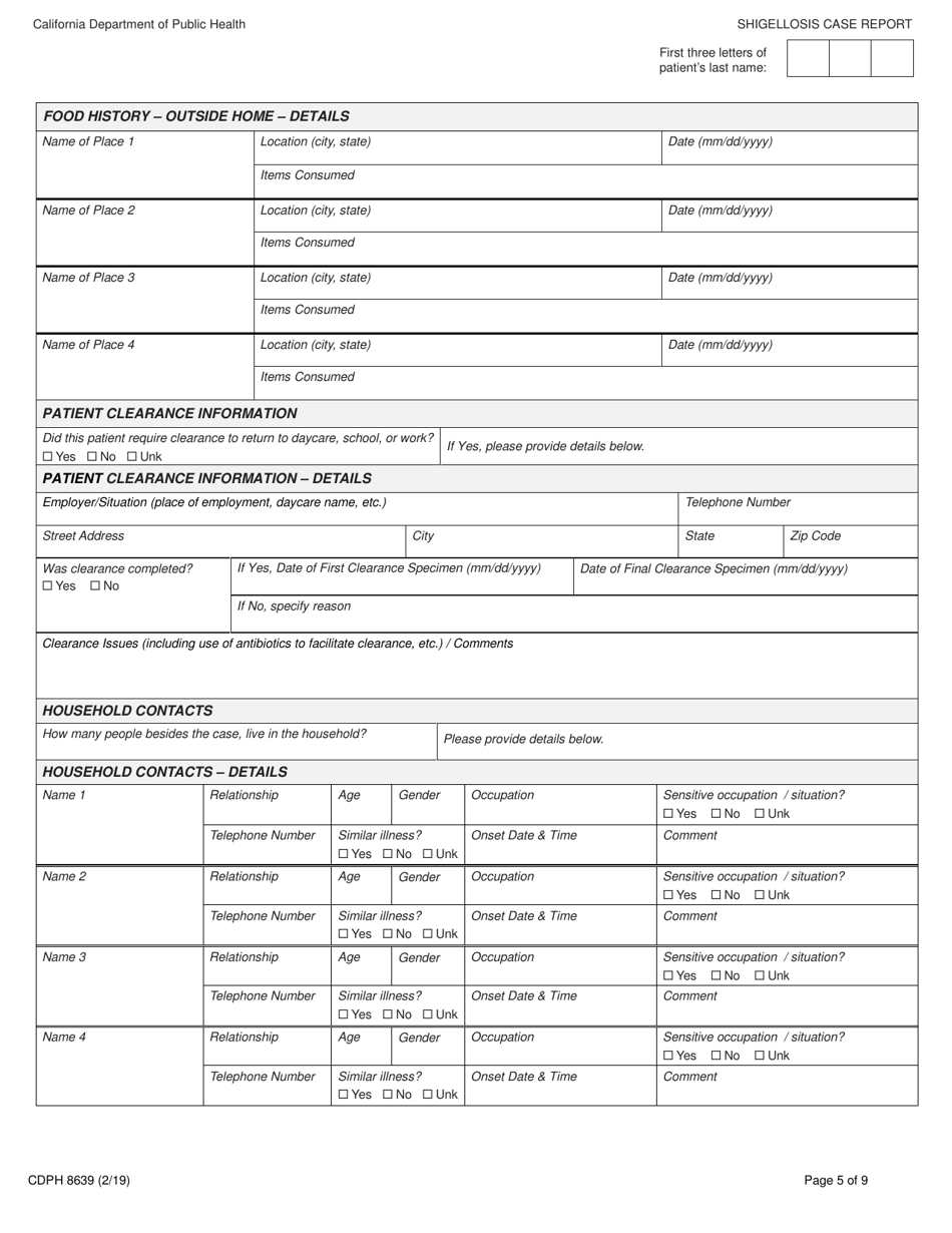 Form CDPH8639 Shigellosis Case Report - California, Page 5