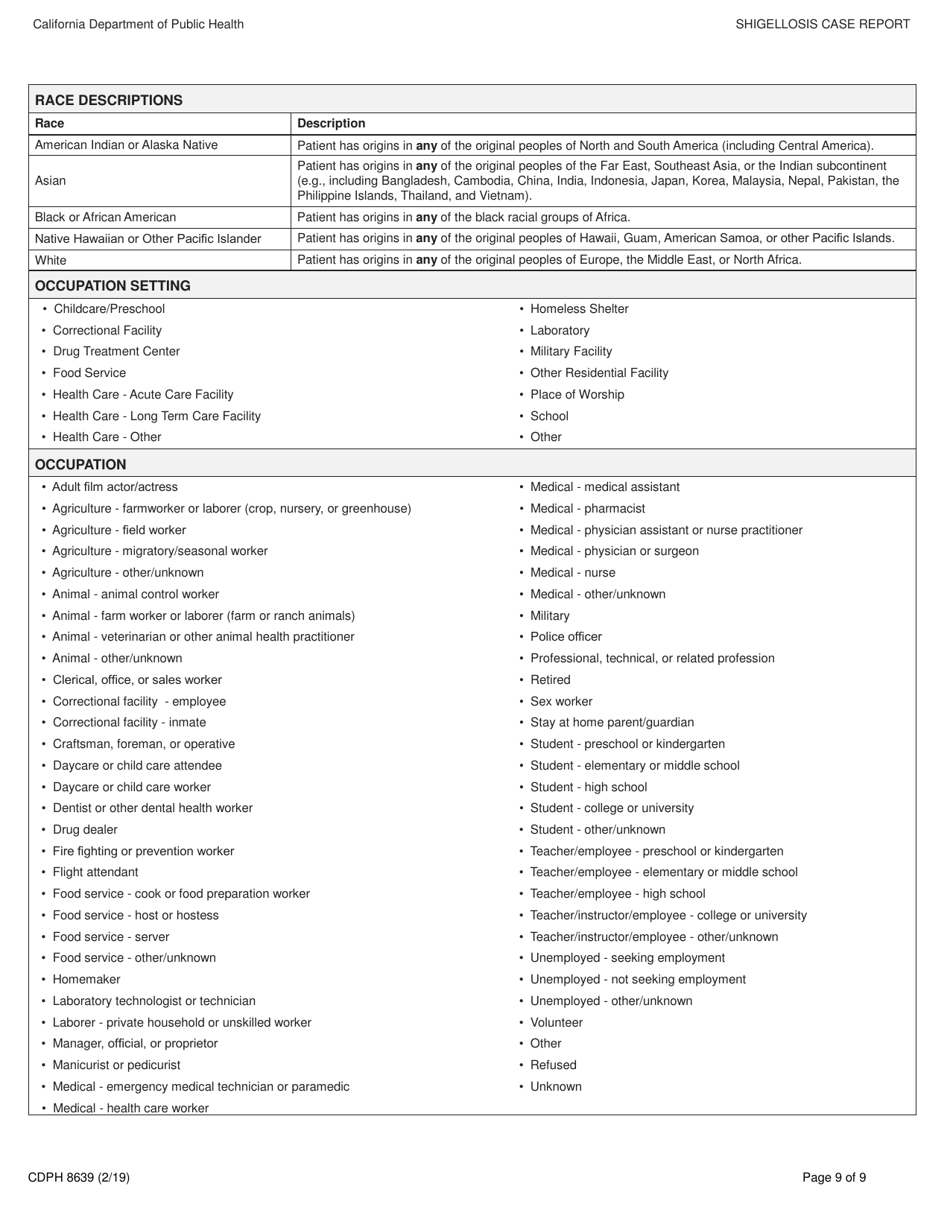 Form CDPH8639 Shigellosis Case Report - California, Page 9