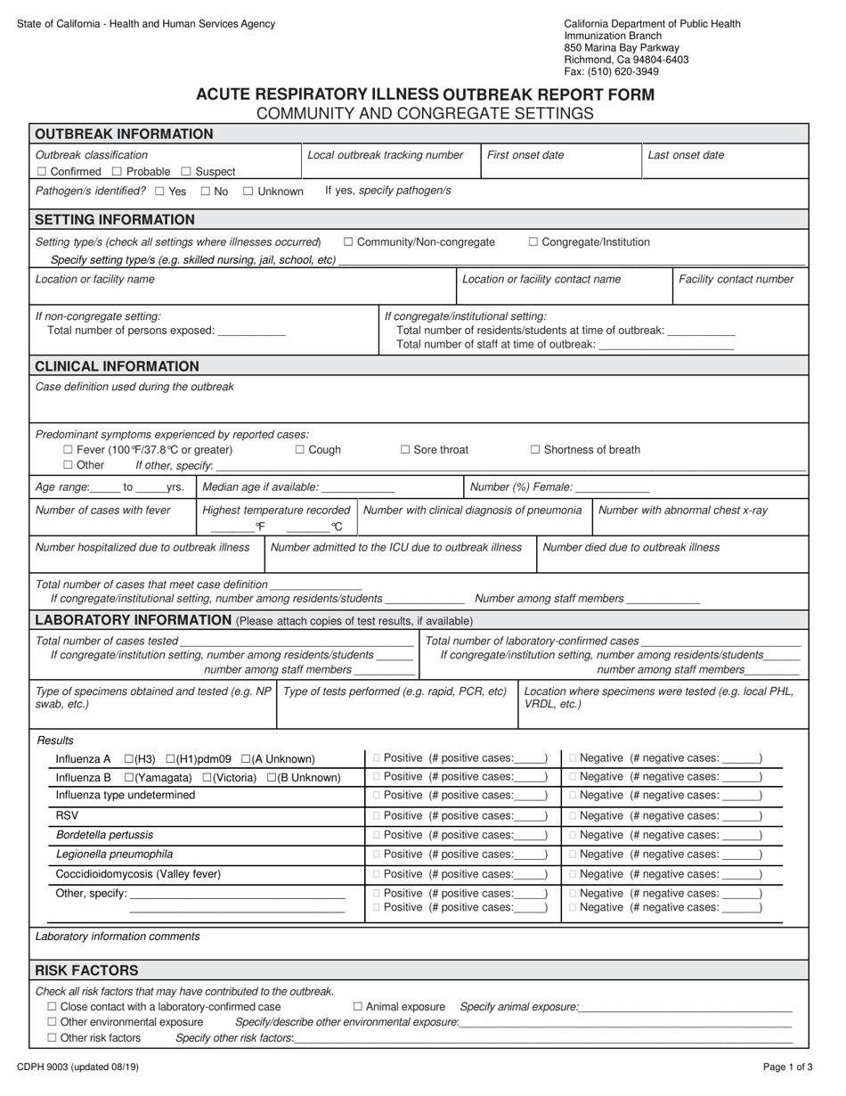 Form CDPH9003 Acute Respiratory Illness Outbreak Report Form - California, Page 1