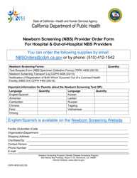 Document preview: Form CDPH4010 Newborn Screening (Nbs) Provider Order Form for Hospital & out-Of-Hospital Nbs Providers - California