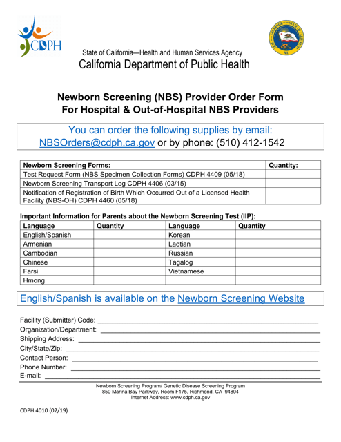 Form CDPH4010 Newborn Screening (Nbs) Provider Order Form for Hospital & out-Of-Hospital Nbs Providers - California