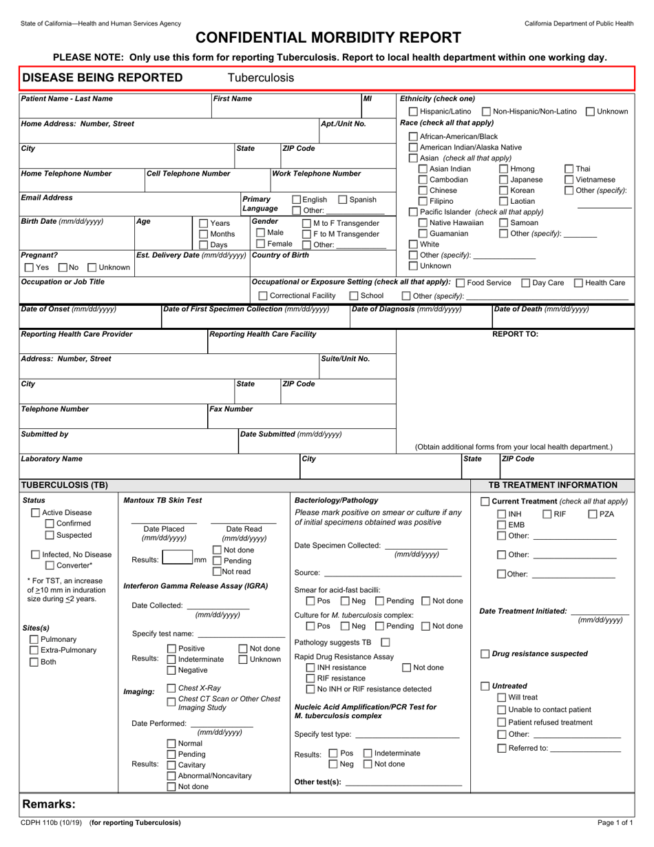 Form CDPH110B Confidential Morbidity Report - California, Page 1