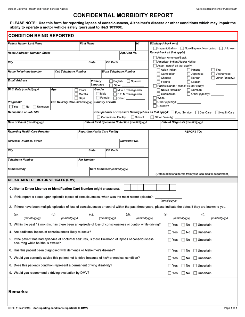 Form CDPH110C Confidential Morbidity Report - California, Page 1