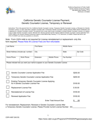 Form CDPH4487 California Genetic Counselor License Payment, Genetic Counselor License, Temporary or Renewal - California