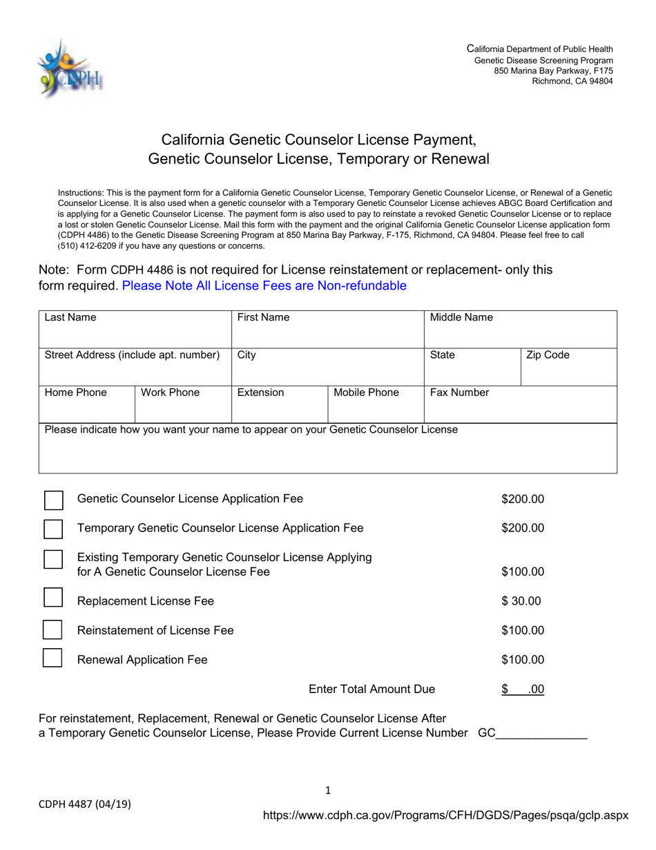 Form CDPH4487 California Genetic Counselor License Payment, Genetic Counselor License, Temporary or Renewal - California, Page 1
